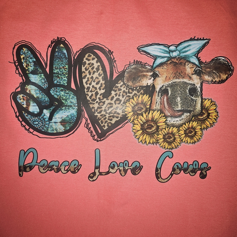 Peace Love Cows Graphic Womens Tee - Coral